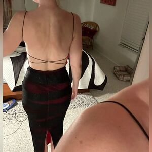 90’s black red sexy backless dress s small shimmer fishnet